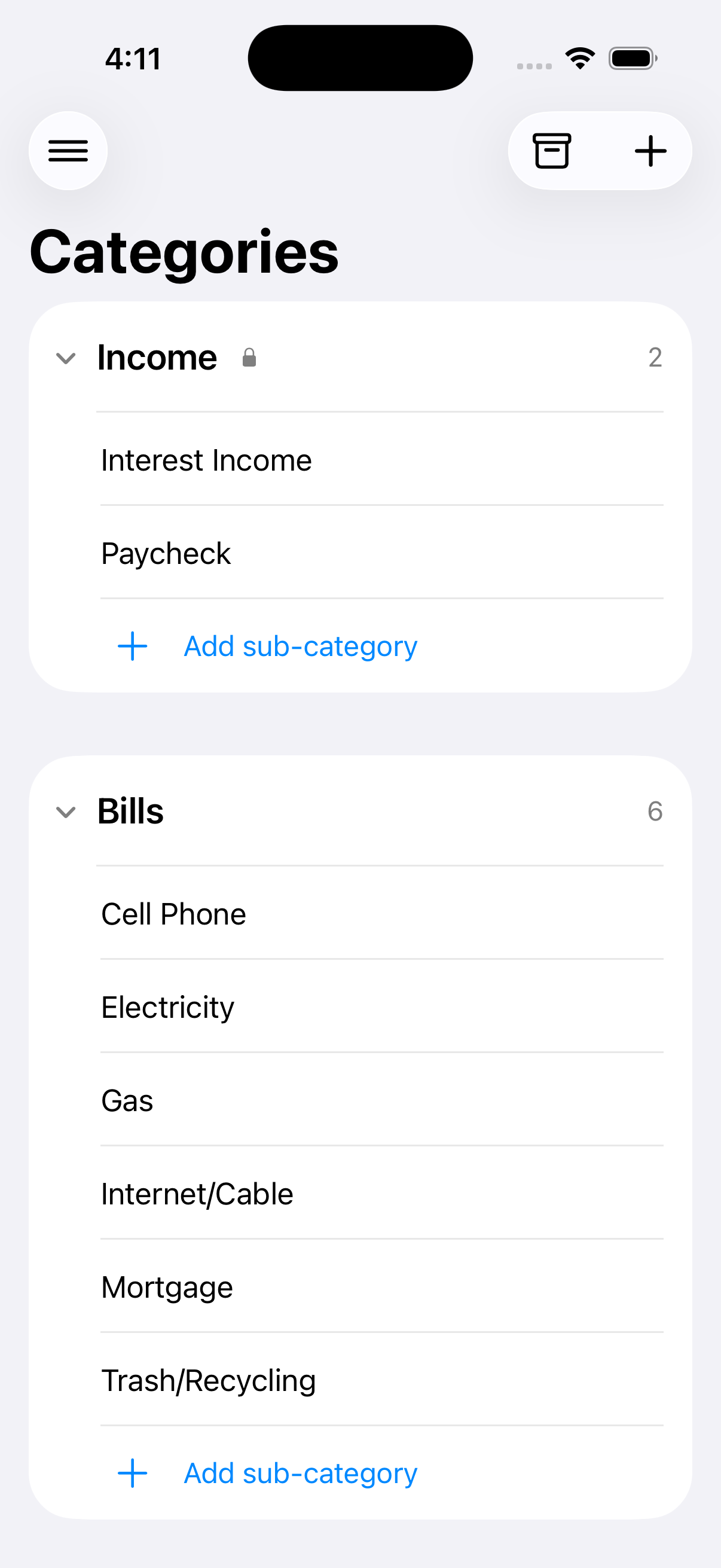 Categories screen with Income and Bills groups