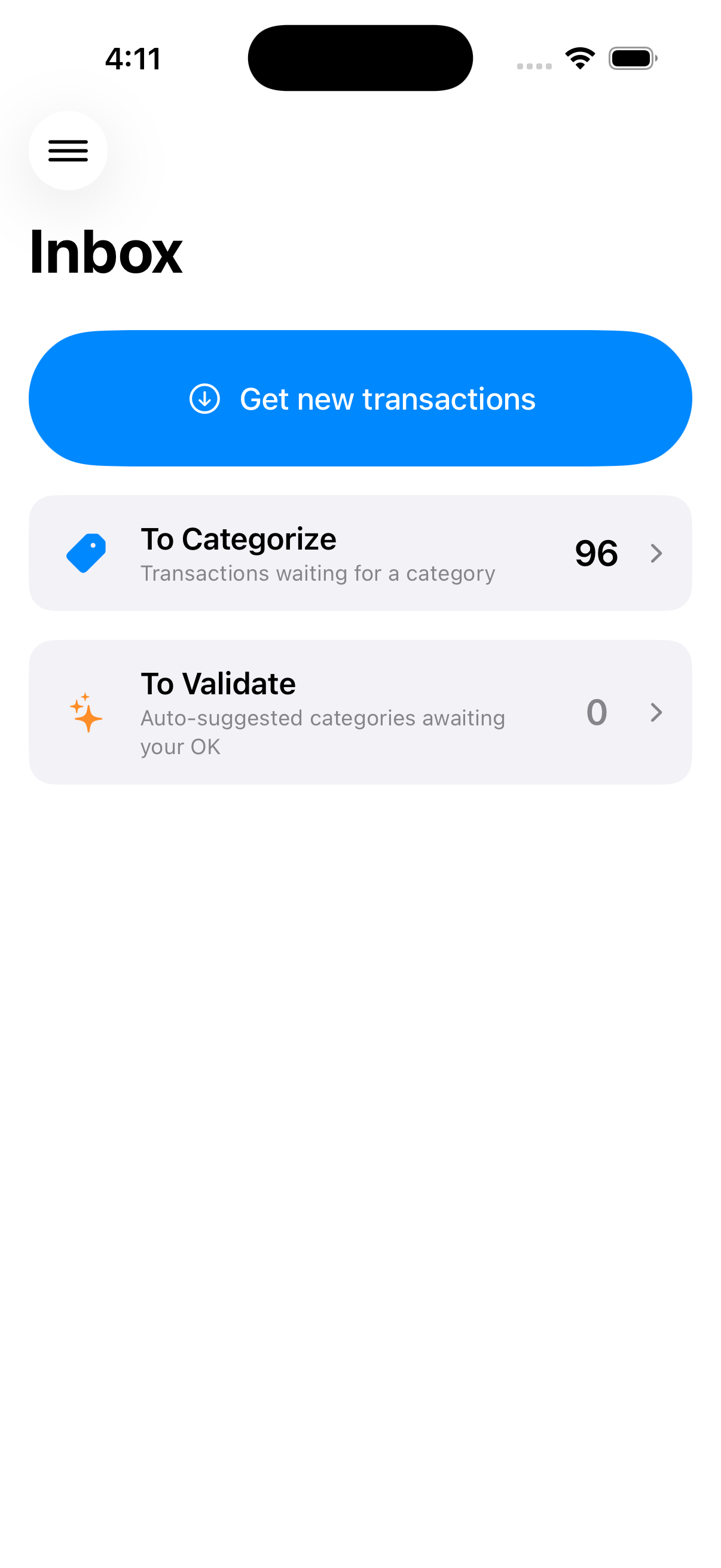 Inbox screen showing transactions waiting for a category