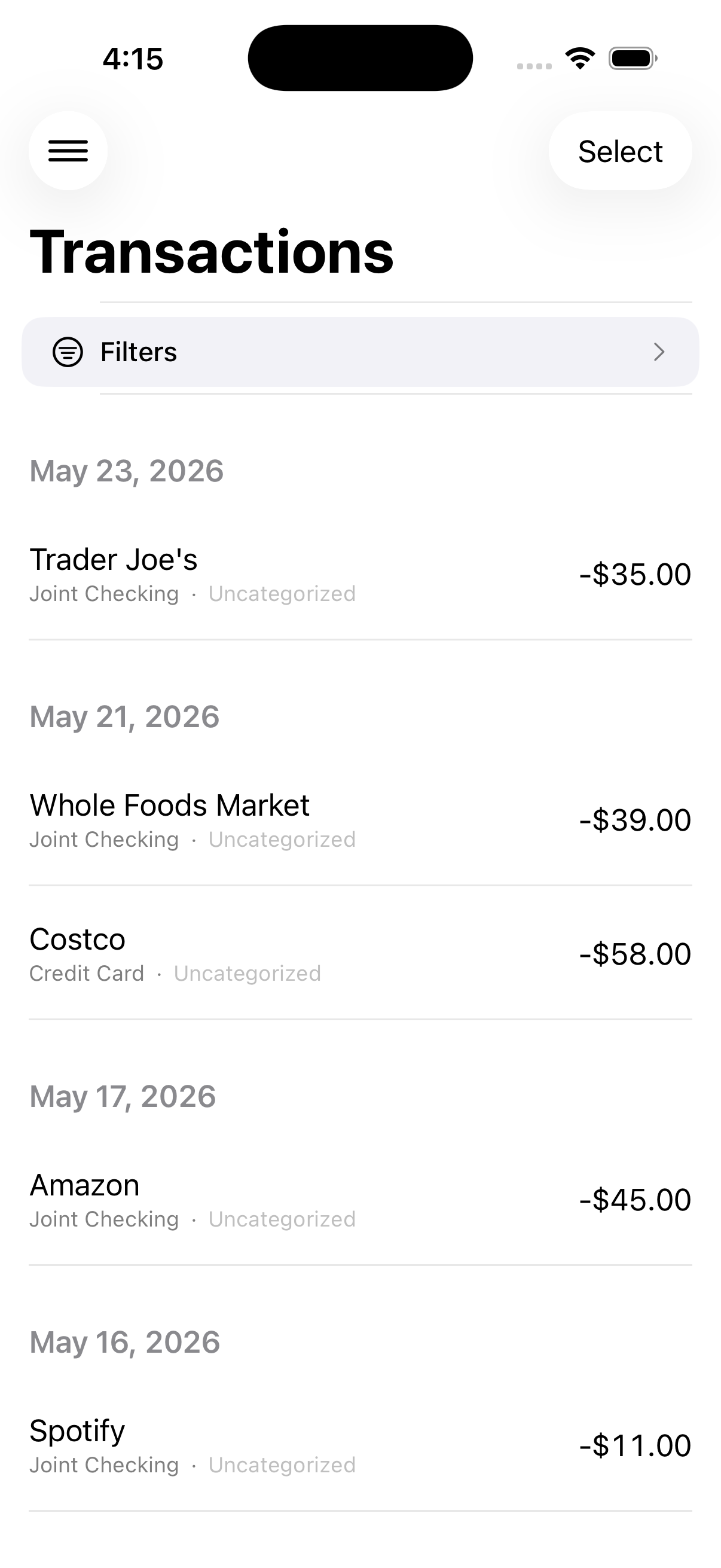 Transactions list grouped by date